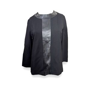 J. McLaughlin Farrow Black Knit Top Lambskin Leather 3/4 Sleeve Womens M